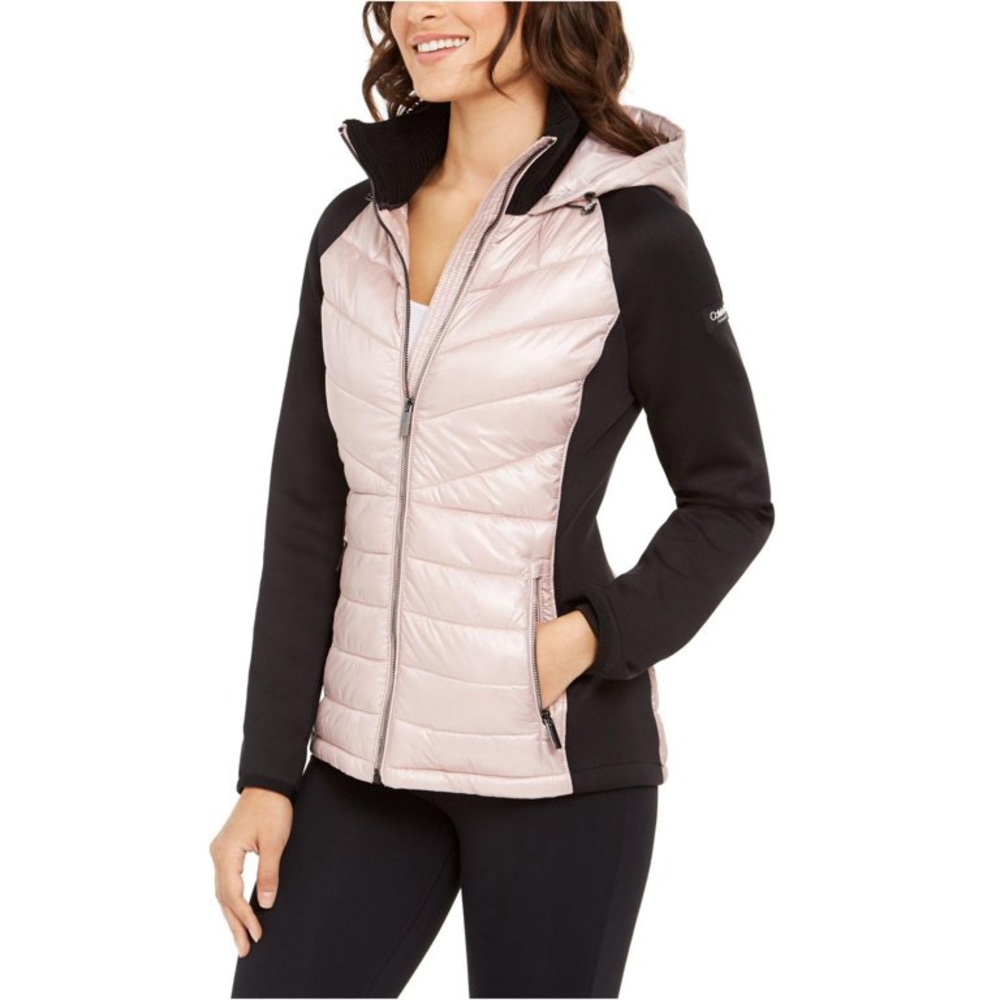 Calvin Klein Performance Women's Mixed-Media Hooded Jacket, Metallic Bare.